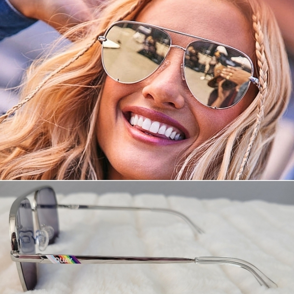 QUAY // ltd ed pride rainbow silver frame polarized gold mirror lens xl aviators